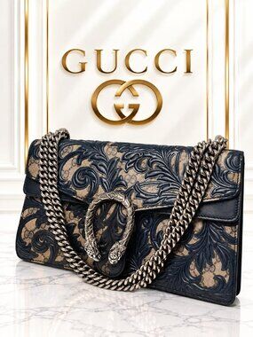 Authentic Gucci Dionysus GG Supreme Arabesque Leather Chain Shoulder Bag Black
